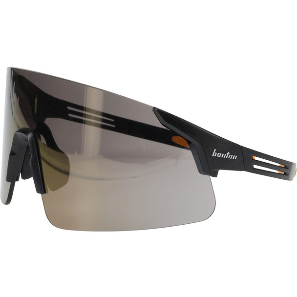 Site Boss Enhanced Coverage Frameless Safety Glasses (250-40-0007) with Gold Mirror Plus Lens. This highly reflective coating reduces glare in bright outdoor environments. Highlights the 60% enhanced coverage and black AirFlex™ temples. ANSI Z87.1+.