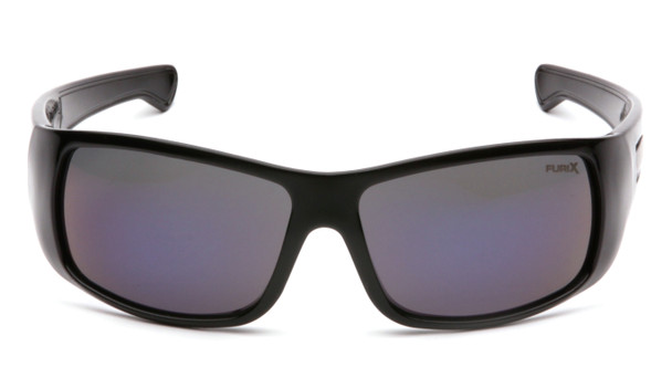 Front-on view of the Pyramex Furix® Safety Glasses (SB8575DT). Highlights the lightweight black Nylon frame and the wide Blue Mirror lens with the Anti-Fog coating (AF). Features the contemporary style with straight-back temples and is certified to the ANSI Z87.1 high-impact standard.