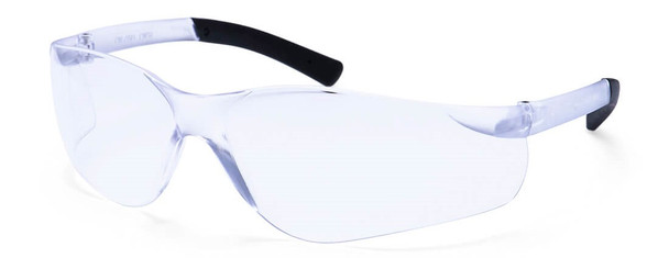 The PW38CLR is the clear-lens version of the popular Portwest Pan View series. This image highlights the panoramic wrap-around lens that provides an unobstructed field of vision and superior side protection. You can see the slim black side arms which feature metal-free hinges, a key design element that increases durability and eliminates common failure points found in standard screw-based hinges. The crystal-clear polycarbonate lens is treated with high-performance anti-fog and anti-scratch coatings, making it ideal for indoor industrial use where clarity is critical.