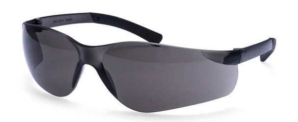 The PW38BKR is the smoke-tinted version of the Portwest Pan View series, specifically engineered for outdoor work environments and high-glare conditions. This image showcases the dark smoke polycarbonate lens, which reduces eye strain while providing a panoramic wrap-around view and 99% UV protection. Like its clear counterpart, this model features slim, lightweight side arms and metal-free hinges, making it durable and comfortable for long-term use. The sleek black-on-black aesthetic of the PW38BKR makes it a top choice for workers seeking professional, sports-style eye protection that meets ANSI Z87.1+ standards.