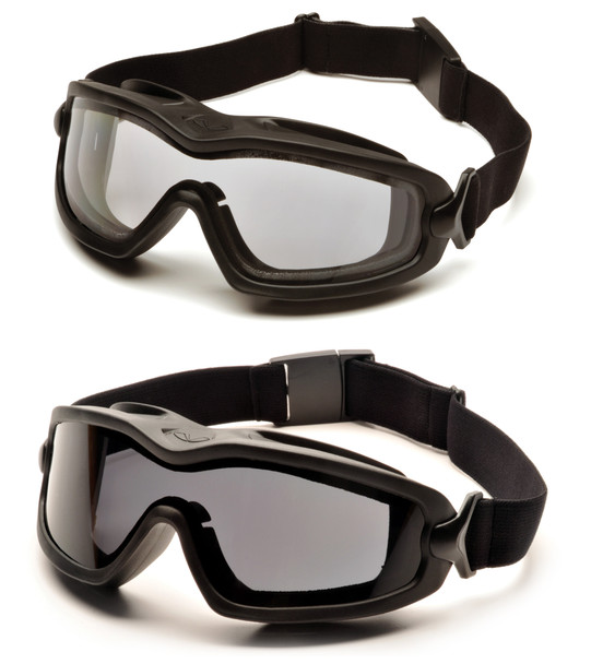 The Pyramex V2G-PLUS® (GB6410SDT) main profile showcases the rugged TPU frame and the advanced Thermo Lens System. This high-performance goggle is designed with a dual-pane lens—an outer polycarbonate layer for impact resistance and an inner acetate layer to permanently prevent fogging. The image displays the indirect ventilation system at the top and bottom, which allows for maximum airflow while maintaining a D3 rating for protection against droplets and chemical splashes.