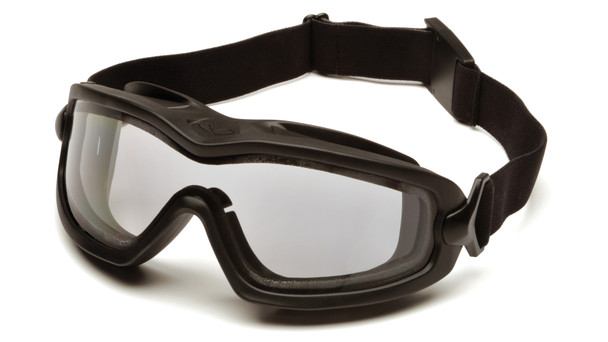 This image features the Pyramex V2G-PLUS® GB6410SDT, showcasing its crystal-clear dual-pane Thermo Lens System. This design is engineered to eliminate fogging by isolating temperature differences between the wearer's face and the external environment. The sleek black TPU frame is shown with integrated indirect ventilation at the top and bottom to promote airflow while maintaining a D3 rating for liquid splash protection. The wide, adjustable elastic strap with a quick-release clip ensures a secure, personalized fit for long shifts in demanding conditions.