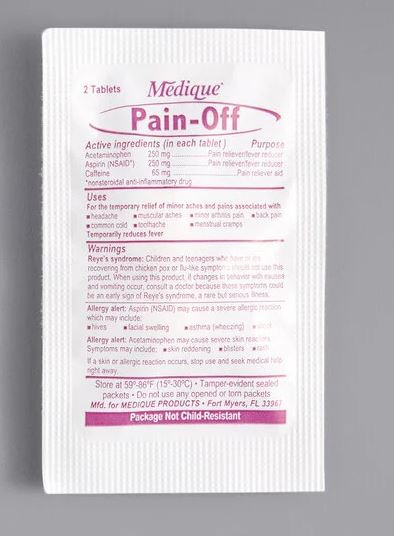 This image displays a single, tamper-evident unit-dose packet of Medique Pain-Off® Extra Strength. The front of the packet clearly lists the high-potency active ingredients per tablet: Acetaminophen (250mg), Aspirin (250mg), and Caffeine (65mg). Designed for workplace compliance, the packet includes comprehensive instructions for use, targeting relief from headaches, muscle aches, and toothaches, alongside critical safety warnings. The heat-sealed edges confirm the product is tamper-evident, ensuring that each dose remains sanitary and protected from environmental contaminants until the moment of use.