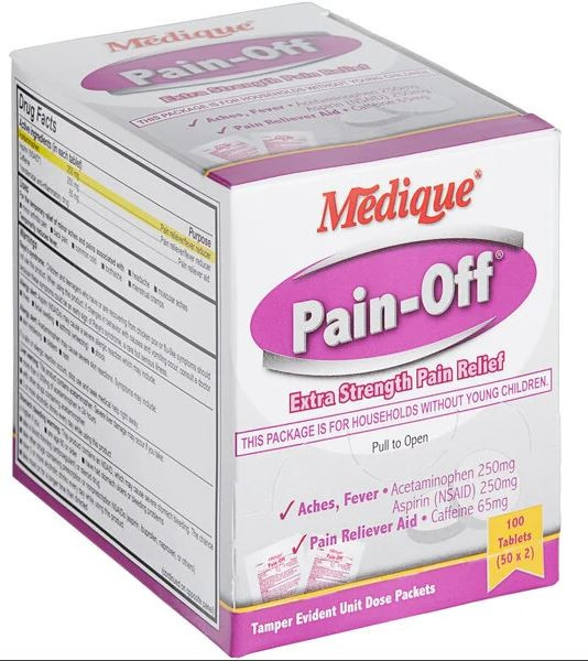 This image features the Medique Pain-Off® Extra Strength dispenser box, designed specifically for easy access in workplace first aid stations. The high-visibility white and purple box clearly displays the triple-action formula containing Acetaminophen (250mg), Aspirin (250mg), and Caffeine (65mg) for fast relief from headaches, fever, and muscle aches. The front of the box highlights the "Pull to Open" perforated dispenser tab and confirms that it contains 50 tamper-evident unit-dose packets, each with 2 tablets (100 total tablets). The side panel features comprehensive Drug Facts and safety warnings, making it an essential addition for industrial first aid compliance.