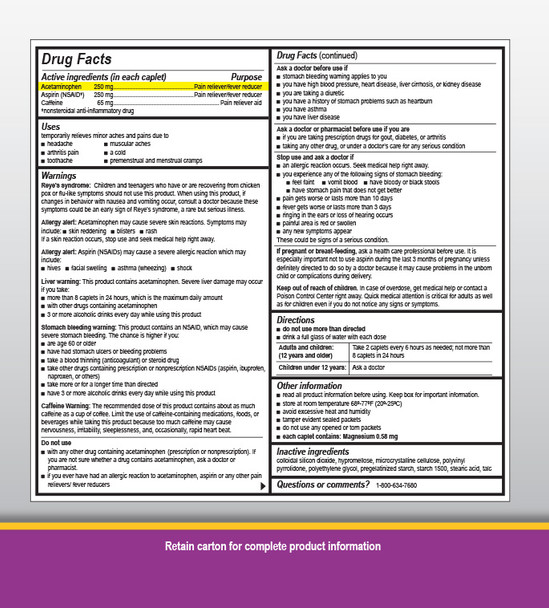 This technical view provides the complete Drug Facts and labeling information for Pain-Off Extra Strength. The label confirms the triple-action formula of Acetaminophen (250mg), Aspirin (250mg), and Caffeine (65mg), detailing their roles as pain relievers, fever reducers, and aids. It provides clear dosage directions for adults and children 12 years and older, recommending 2 caplets every 6 hours. Crucially for workplace compliance, this view includes all mandatory safety warnings, including allergy alerts, liver warnings, and stomach bleeding precautions, ensuring users have access to full product information before use.