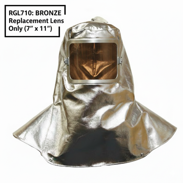 This image displays the Stanco AK710 aluminized hood with a bronze-tinted viewing window. A prominent text overlay identifies the item as the RGL710: BRONZE Replacement Lens Only (7" x 11"), clearly communicating that the product is a spare part for the specialized high-heat hood.
