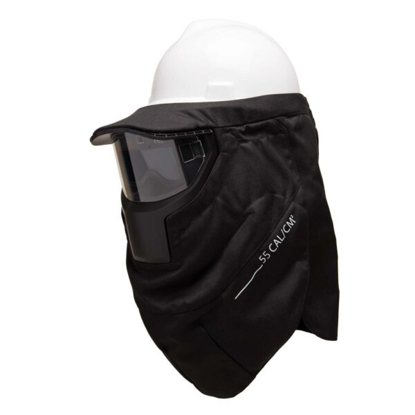 This image shows the Stanco TV55712 TransVision Shield mounted on a hard hat. The 55 cal/cm² rating is printed on the black FR-Tex shroud. The shield features a specialized lens that instantly darkens to protect the eyes during an arc event while providing realistic color perception for intricate electrical work.