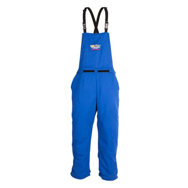 This product image showcases the Stanco TT40-670 Bib Overalls in Royal Blue. The CAT 4 rated garment features a full bib section with a "Temp-Test Arc Protection by Stanco" patch indicating the 40.0 cal/cm² rating. Visible details include the black adjustable elastic shoulder straps with heavy-duty buckles and the durable dual-ply UltraSoft® fabric construction.