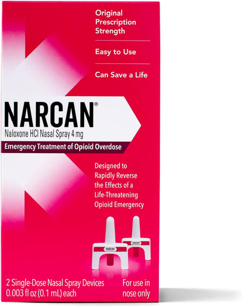 Front view of the official NARCAN (Naloxone HCI) Nasal Spray retail box. The packaging prominently features the 4mg dosage and states it is an emergency treatment for known or suspected opioid overdose. The box highlights its "Original Prescription Strength" and "Easy to Use" design. A clear visual at the bottom shows the two white, single-dose nasal spray devices included in the carton, emphasizing that it is for intranasal use only.