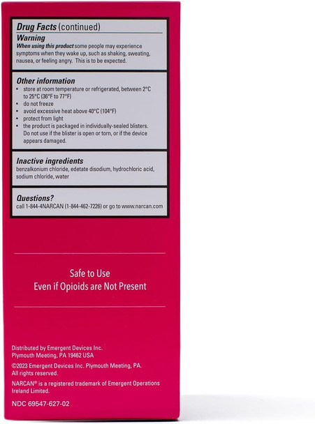 This image displays the detailed back panel of the NARCAN (Naloxone HCl) Nasal Spray 4mg carton, providing critical information for workplace safety compliance. Key sections highlighted include:

Storage & Handling: Product must be stored at room temperature or refrigerated, specifically between 2°C to 25°C (36°F to 77°F).

Protection Requirements: Instructions advise to protect from light, avoid excessive heat above 40°C (104°F), and do not freeze.

Safe to Use: Prominently features the vital safety message that NARCAN is "Safe to Use Even if Opioids are Not Present".

Inactive Ingredients: Lists components such as benzalkonium chloride and hydrochloric acid.

Manufacturer Contact: Provides the official 1-844-4NARCAN question line for users and safety professionals.

This image is essential for facilities managers to understand the environmental requirements for keeping Naloxone in their first aid stations.
