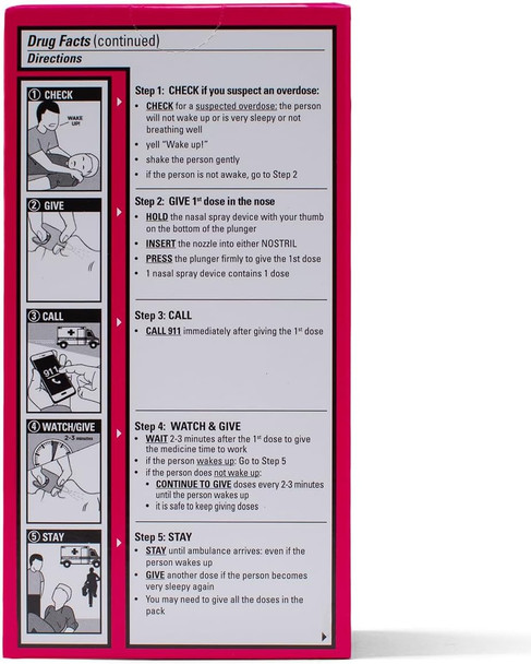 This high-resolution image details the official 5-step emergency response protocol found on the side of the NARCAN (Naloxone HCl) Nasal Spray 4mg packaging. The clear, illustrated guide is designed for rapid comprehension during a crisis:

Step 1: CHECK – How to identify a suspected overdose by checking if the person is sleepy, not breathing well, or unresponsive to touch or yelling.

Step 2: GIVE – Instructions for holding the device and inserting the nozzle into a nostril to deliver the 1st dose.

Step 3: CALL – A reminder to dial 911 immediately after the first dose is administered.

Step 4: WATCH & GIVE – Guidance on waiting 2–3 minutes for the medication to work and how to continue giving doses every 2–3 minutes if the person does not wake up.

Step 5: STAY – Instructions to remain with the individual until medical professionals arrive.

This visual guide reinforces why NARCAN is an essential addition to any workplace first aid kit, as it allows untrained bystanders to act decisively in an emergency.