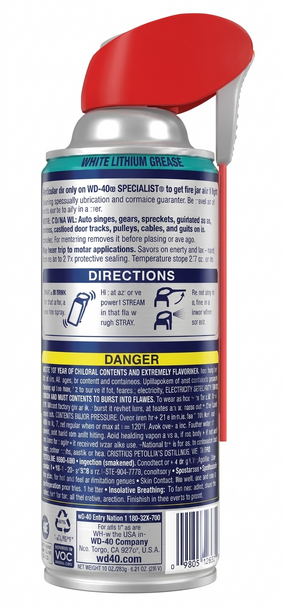 Back label of the WD-40 Specialist White Lithium Grease 10 oz. can, displaying directions for use, material safety data, and the Smart Straw application guide.