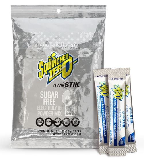 A 50-count bulk bag of Sqwincher Qwik Stik ZERO Cool Citrus sugar-free electrolyte powder packets sitting next to three individual silver and blue single-serve sticks.