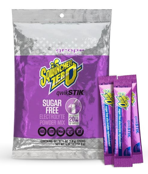A 50-count bulk bag of Sqwincher Qwik Stik ZERO Grape sugar-free electrolyte powder packets displayed next to three individual purple single-serve sticks.