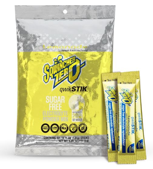 A 50-count bulk bag of Sqwincher Qwik Stik ZERO Lemonade sugar-free electrolyte powder packets displayed next to three individual yellow single-serve sticks.