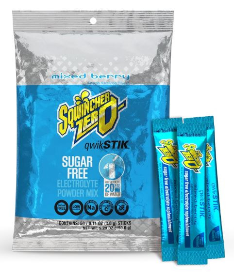 A 50-count bulk bag of Sqwincher Qwik Stik ZERO Mixed Berry sugar-free electrolyte powder packets next to three individual light blue single-serve sticks.
