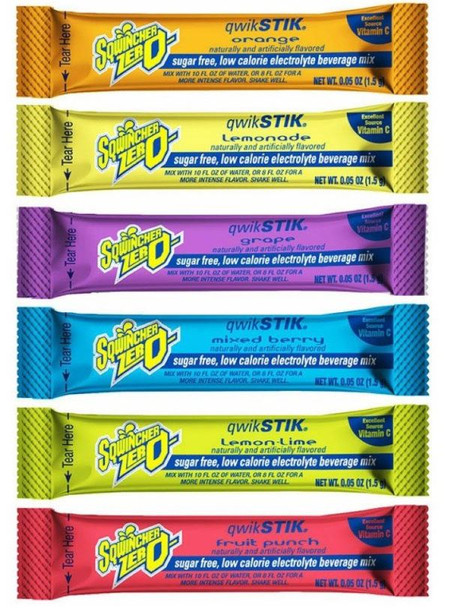 A vertical lineup of six colorful Sqwincher Qwik Stik ZERO sugar-free electrolyte powder packets showing the Orange, Lemonade, Grape, Mixed Berry, Lemon-Lime, and Fruit Punch flavors.