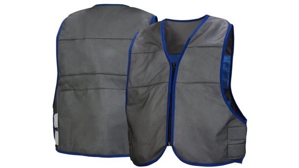 Pyramex CV100 Series evaporative PVA cooling vest in gray with blue trim, showing both the front zippered view and back view side-by-side.
