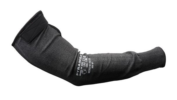 This product photograph features an isolated, side-profile view of the GCS52 18-inch black HPPE cut-resistant safety sleeve, highlighting its extended length and specialized upper-arm closure. Displayed against a crisp, solid white background, the image showcases the integrated, heavy-duty adjustable hook-and-loop strap at the bicep cuff, engineered specifically to provide a customizable, slip-free fit that prevents the sleeve from rolling down during heavy industrial movement. The lightweight, 15-gauge high-performance polyethylene (HPPE) liner is shown contouring naturally at the elbow bend, illustrating the flexible, breathable weave of the proprietary PMXTECK fabric technology. The outer forearm prominently displays the printed white manufacturer stamping, certifying independent testing compliance with ANSI/ISEA 105 Cut Level A5, Abrasion Level 6, and Puncture Level 4 mechanical hazard ratings, alongside official EN388 markings. A snug, tight-knit wrist cuff completes the base of the sleeve, establishing a secure seal intended for high-risk industrial applications including sheet metal fabrication, heavy automotive assembly, glass handling, and stamping operations.