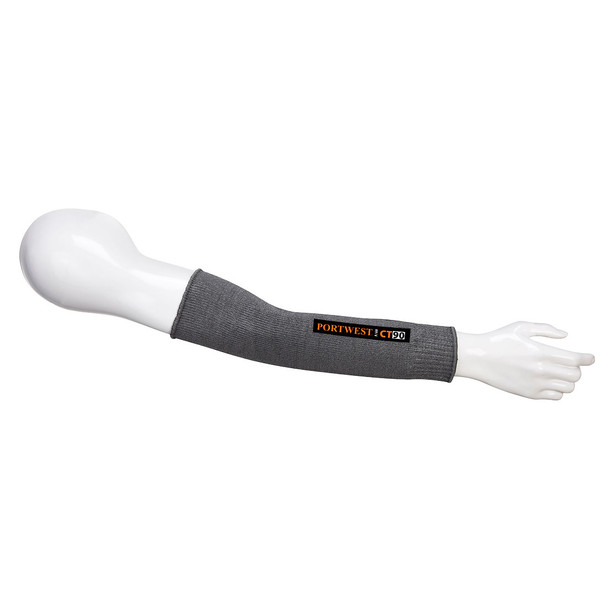 This product image features a studio-shot presentation of the Portwest CT90 14-inch cut-resistant protective safety sleeve. The tubular sleeve is displayed horizontally on a glossy white full-arm display mannequin against a seamless white background, highlighting its exact 35cm length coverage from the wrist up the forearm. The image clearly showcases the gray 7-gauge seamless knit liner made from a glass and steel-free DyUltra™ blend, designed to emphasize a soft, breathable texture that prevents skin irritation. Prominently printed on the outer forearm is the black and orange Portwest CT90 brand tag. Both the knit wrist cuff and upper forearm band are detailed to demonstrate a secure, contouring elastic fit that ensures shape retention and prevents slipping during high-risk mechanical operations like glass cutting or sheet metal fabrication.