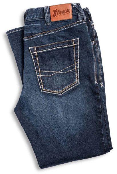 Folded Stanco FRC1512 Renegade FR memory stretch denim jeans showing two-tone stitched rear pocket and leather waistband patch