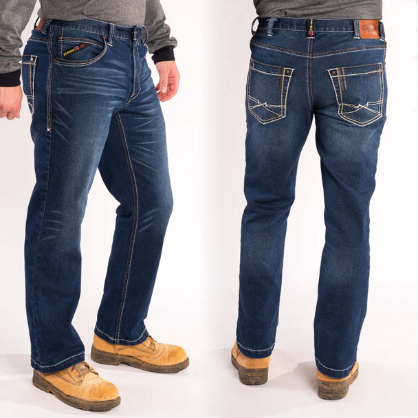 Model wearing Stanco FRC1512 Renegade FR memory stretch denim jeans showing front side angle and back fit over work boots - CAT 2 19 Cal/cm2