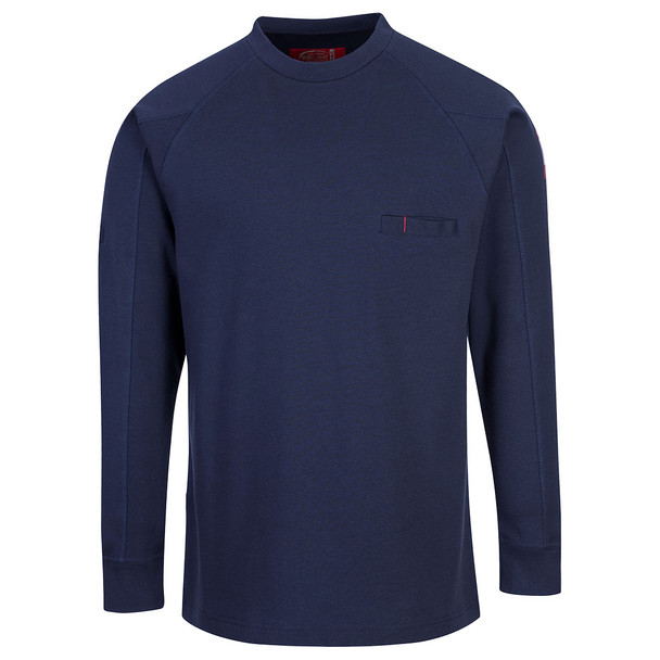 Portwest FR33 Navy Bizflame Knit Antistatic FR Long Sleeve T-Shirt featuring 7 oz 99% cotton 1% carbon fiber fabric, CAT 2 arc flash protection, raglan sleeves, concealed chest pocket, and ribbed cuffs.