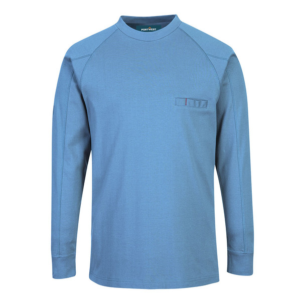 Portwest FR33 Lake Blue Bizflame Knit Antistatic FR Long Sleeve T-Shirt featuring 7 oz 99% cotton 1% carbon fiber fabric, CAT 2 arc flash protection, raglan sleeves, concealed chest pocket, and ribbed cuffs.