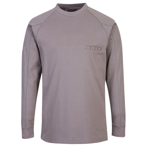 Portwest FR33 Gray Bizflame Knit Antistatic FR Long Sleeve T-Shirt featuring 7 oz 99% cotton 1% carbon fiber fabric, CAT 2 arc flash protection, raglan sleeves, concealed chest pocket, and ribbed cuffs.