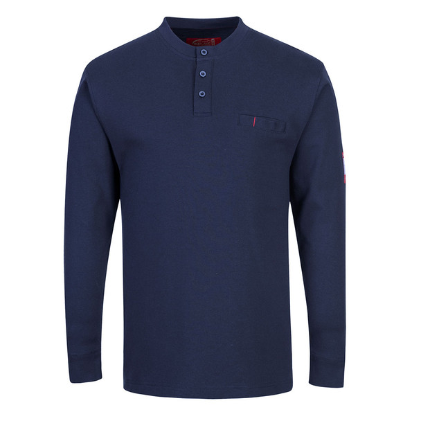 Portwest FR32 Navy Bizflame Knit Antistatic FR Long Sleeve Henley featuring 7 oz 99% cotton 1% carbon fiber fabric, CAT 2 arc flash protection, 3-button placket, concealed chest pocket, and ribbed cuffs.