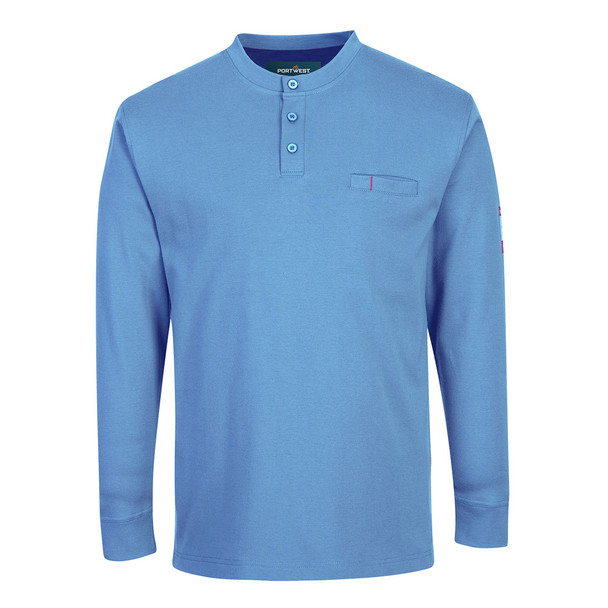 Portwest FR32 Lake Blue Bizflame Knit Antistatic FR Long Sleeve Henley featuring 7 oz 99% cotton 1% carbon fiber fabric, CAT 2 arc flash protection, 3-button placket, concealed chest pocket, and ribbed cuffs.