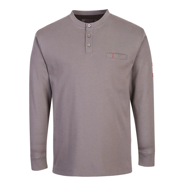 Portwest FR32 Gray Bizflame Knit Antistatic FR Long Sleeve Henley featuring 7 oz 99% cotton 1% carbon fiber fabric, CAT 2 arc flash protection, 3-button placket, concealed chest pocket, and ribbed cuffs.