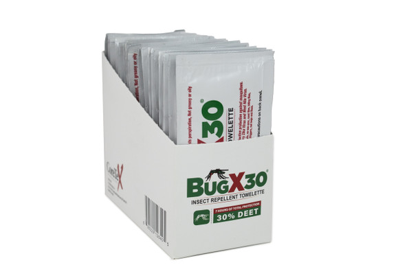 A white display box of Coretex BugX30 Insect Repellent Towelettes. The box is open, showing individually sealed wipes, and the packaging clearly displays "BugX30," "Towelette," and "30% DEET" for effective bug protection.
