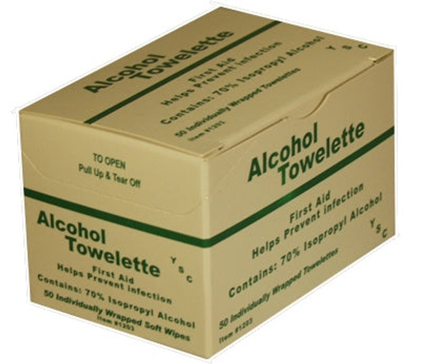 Alcohol Wipes 50/bx
A 50-count box of alcohol towelettes for first aid, showing the product is made with 70% isopropyl alcohol and individually wrapped soft wipes. Alcohol Wipes 50/bx
A 50-count box of alcohol towelettes for first aid, showing the product is made with 70% isopropyl alcohol and individually wrapped soft wipes.