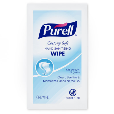 Single-use PURELL® Cottony Soft Hand Sanitizing Wipe packet with 'Do Not Flush' icon.