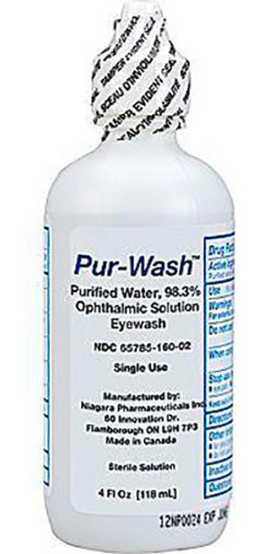 4 fl oz bottle of Pur-Wash Ophthalmic Solution Eyewash with Purified Water, Sterile, for First Aid.