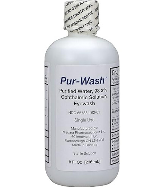 8 fl oz bottle of Pur-Wash Ophthalmic Solution Eyewash with Purified Water, Sterile, for First Aid.