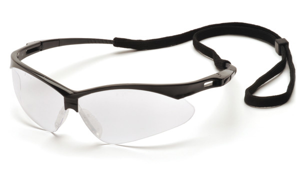 A close-up 3/4 view of the Pyramex PMXTREME SB6310STP safety eyewear, featuring a high-clarity clear lens with an integrated Anti-Fog (AF) coating. Designed for high-humidity or temperature-shifting environments, these glasses feature a durable black nylon frame and a panoramic 10-base curve lens for superior peripheral vision. The ergonomic design includes ventilated, straight-back temples and a built-in rubber nose piece to ensure a secure, non-slip fit during intense activity. This model weighs only 23.1 grams and is fully certified to ANSI Z87.1-2020 high-impact standards, providing 99% UV protection.