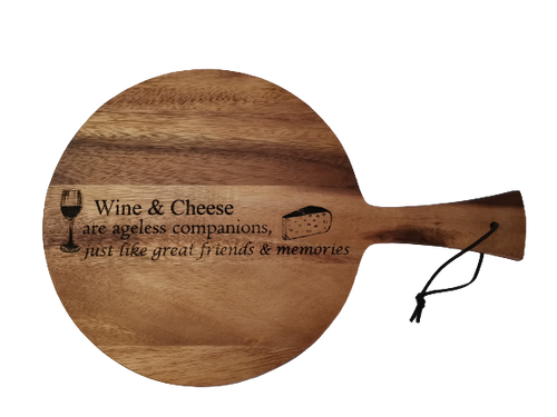Serving board-46cmx30cmx1cm,
Acacia wood,
Laser engraved- Wine & Cheese are ageless companions, just like great friends & memories,
Board coated with a food safe oil