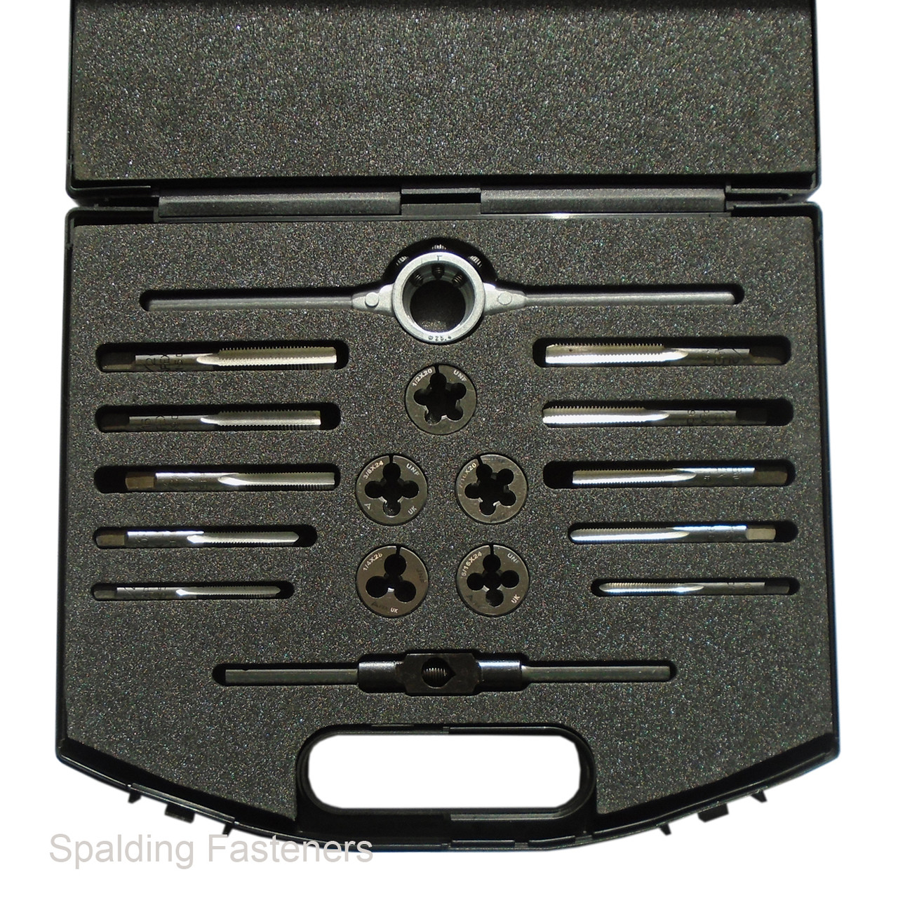VARIOUS UNF CARBON STEEL SET IN CASE WITH TAPS DIES