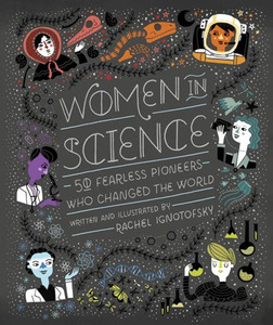 This image shows a book with a black background and drawings of science object and people. This image shows a book with a black background and drawings of science object and people.