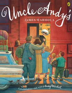 Front cover of the book, illustrated characters waving at Warhol in front of his townhouse. Front cover of the book, illustrated characters waving at Warhol in front of his townhouse.
