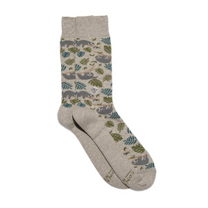 gray sock with green and teal leaves and sloths printed on it gray sock with green and teal leaves and sloths printed on it