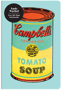image of the cover of notebook with teal and yellow Cambell's soup can.