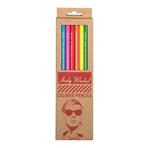 image of colored pencils inside of a paper box with a cut out window to see the items. Also has an image imprinted on box of Andy Warhol. image of colored pencils inside of a paper box with a cut out window to see the items. Also has an image imprinted on box of Andy Warhol.