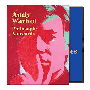 image of note card box imprinted with an image of Andy Warhol with one hand near chin and title of the note card set. image of note card box imprinted with an image of Andy Warhol with one hand near chin and title of the note card set.