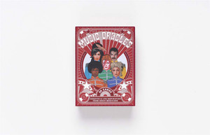 image of rectangular package with a red and 
 white background and 5 illustrated people in the middle.