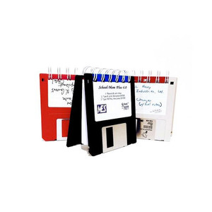 This 3.5" double  disc notepad is made of two floppy disks with 100 pages of blank 22 or 24# paper, & a sturdy wire binding.