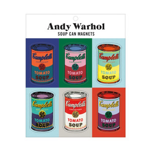 image of two rows of three soup can shaped flat magnets. image of two rows of three soup can shaped flat magnets.