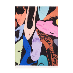 A rectangular magnet with different colored high heeled shoes a black background. A rectangular magnet with different colored high heeled shoes a black background.